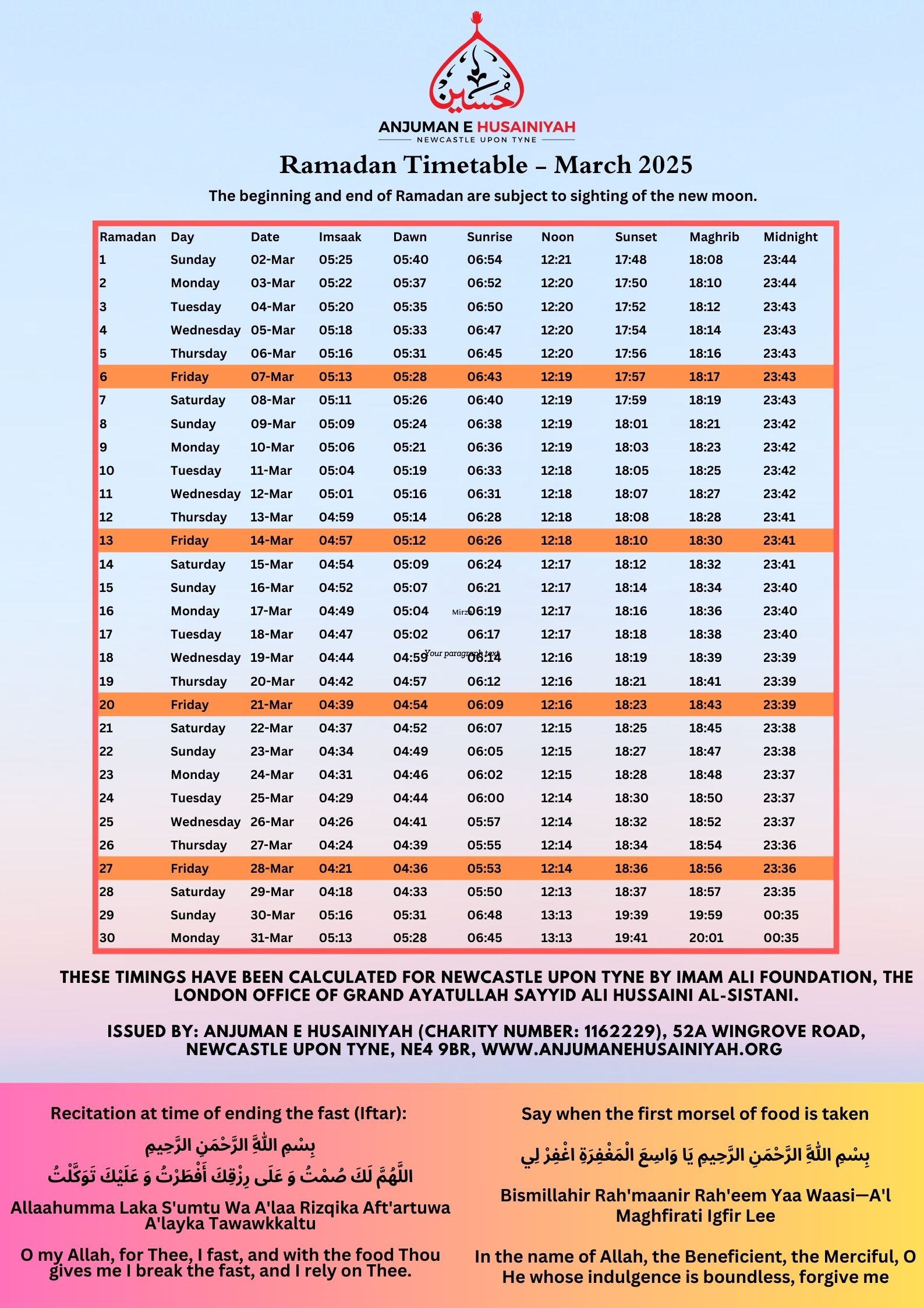 prayer timetable